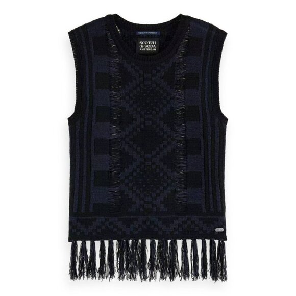 Scotch & Soda Open Knit Fringed Sleeveless Blue and Black Crew Neck Sweater Sz S - Picture 4 of 10